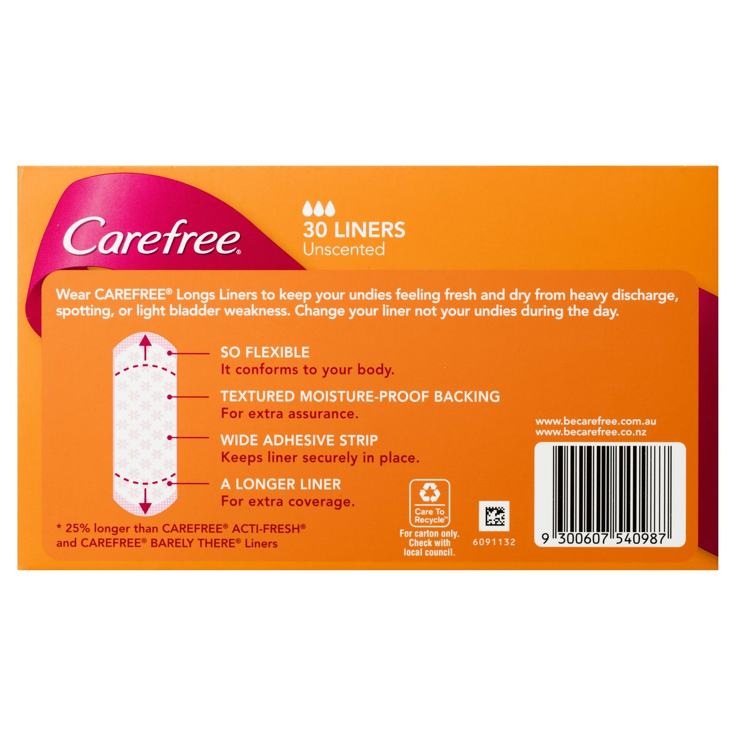 Carefree Longs Original Unscented Panty Liners 30 Pack