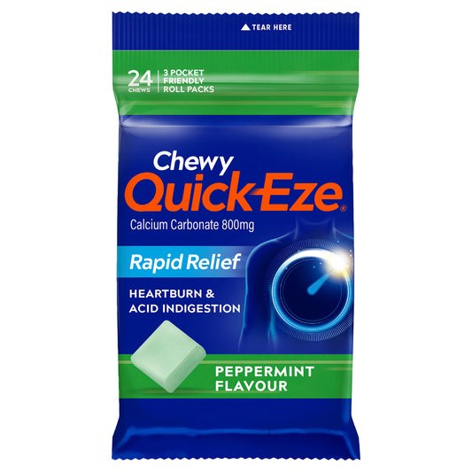 QUICK-EZE Heartburn & Acid Indigestion Peppermint Chewy Flavour Tablets 3 x 8