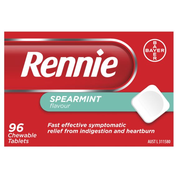 Rennie Indigestion and Heartburn Relief Spearmint 96 No Added Sugar Chewable Tablets