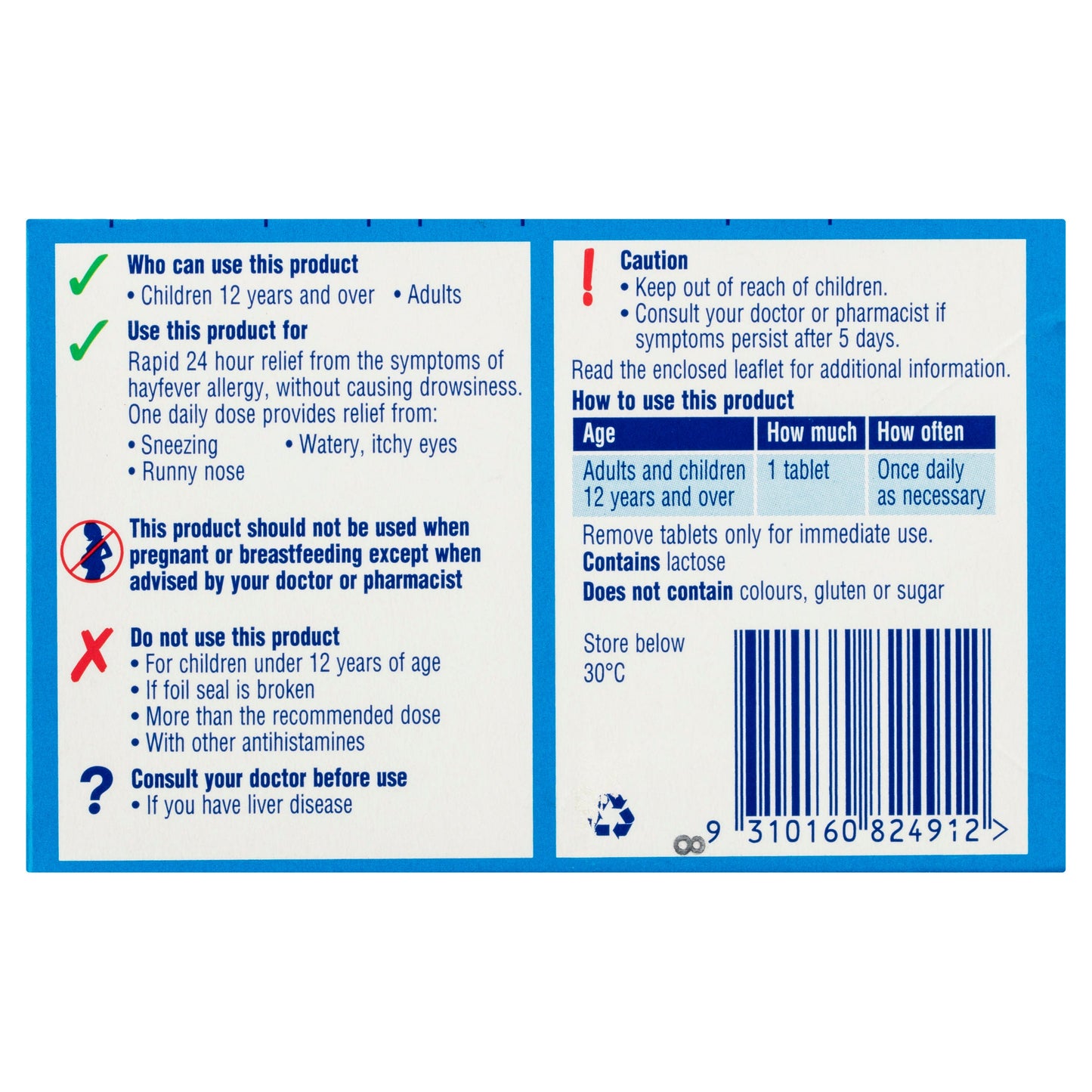 Claratyne Hayfever Allergy Relief Antihistamine 10 Tablets