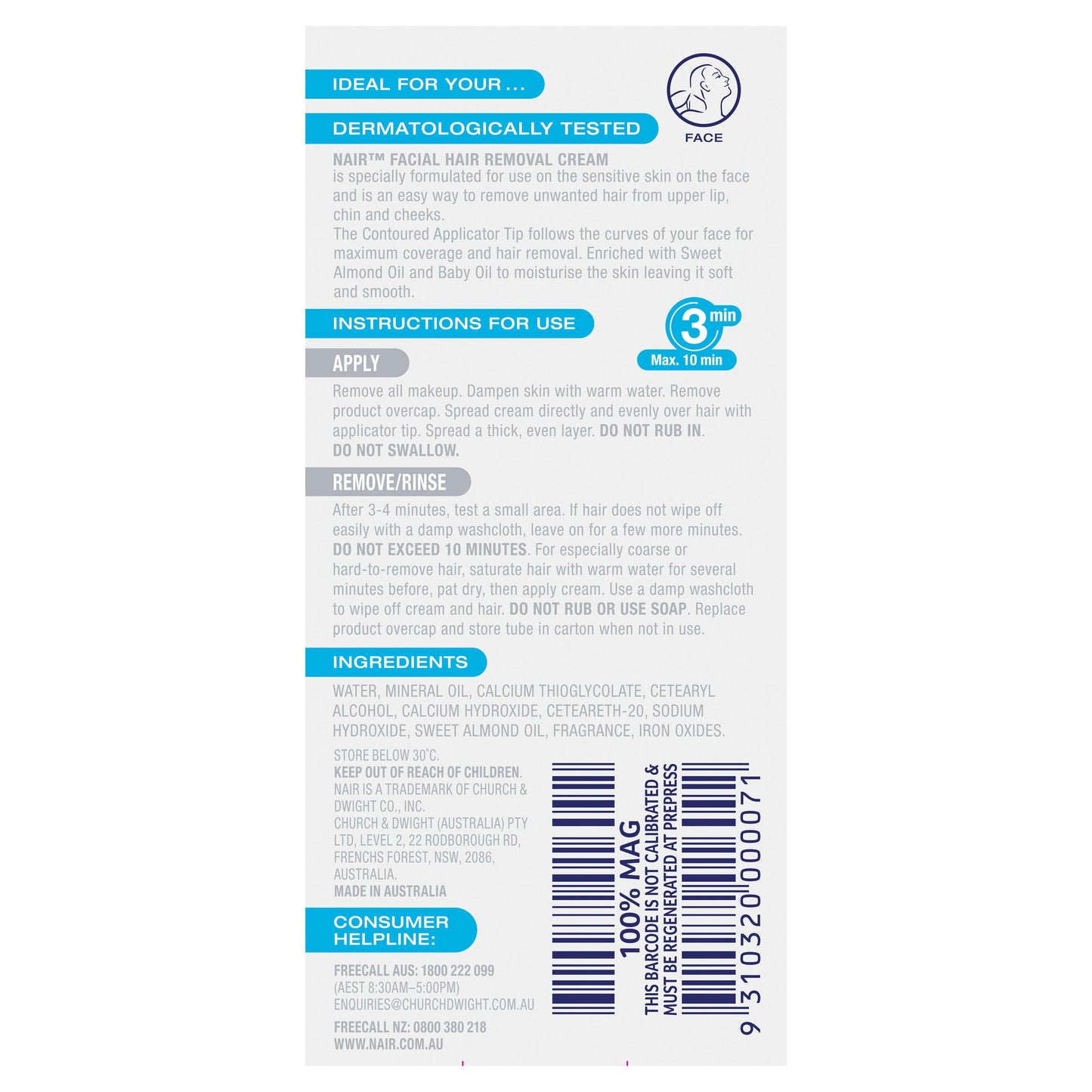 Nair Precision Facial Hair Remover Cream Sensitive 20g