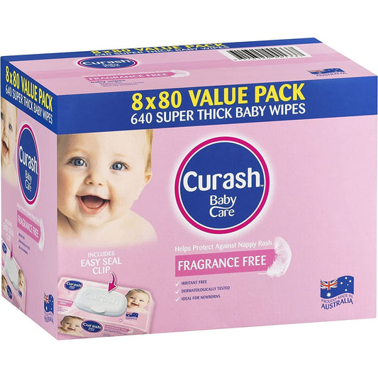 Curash Fragrance Free Baby Wipes 8 X 80 Pack