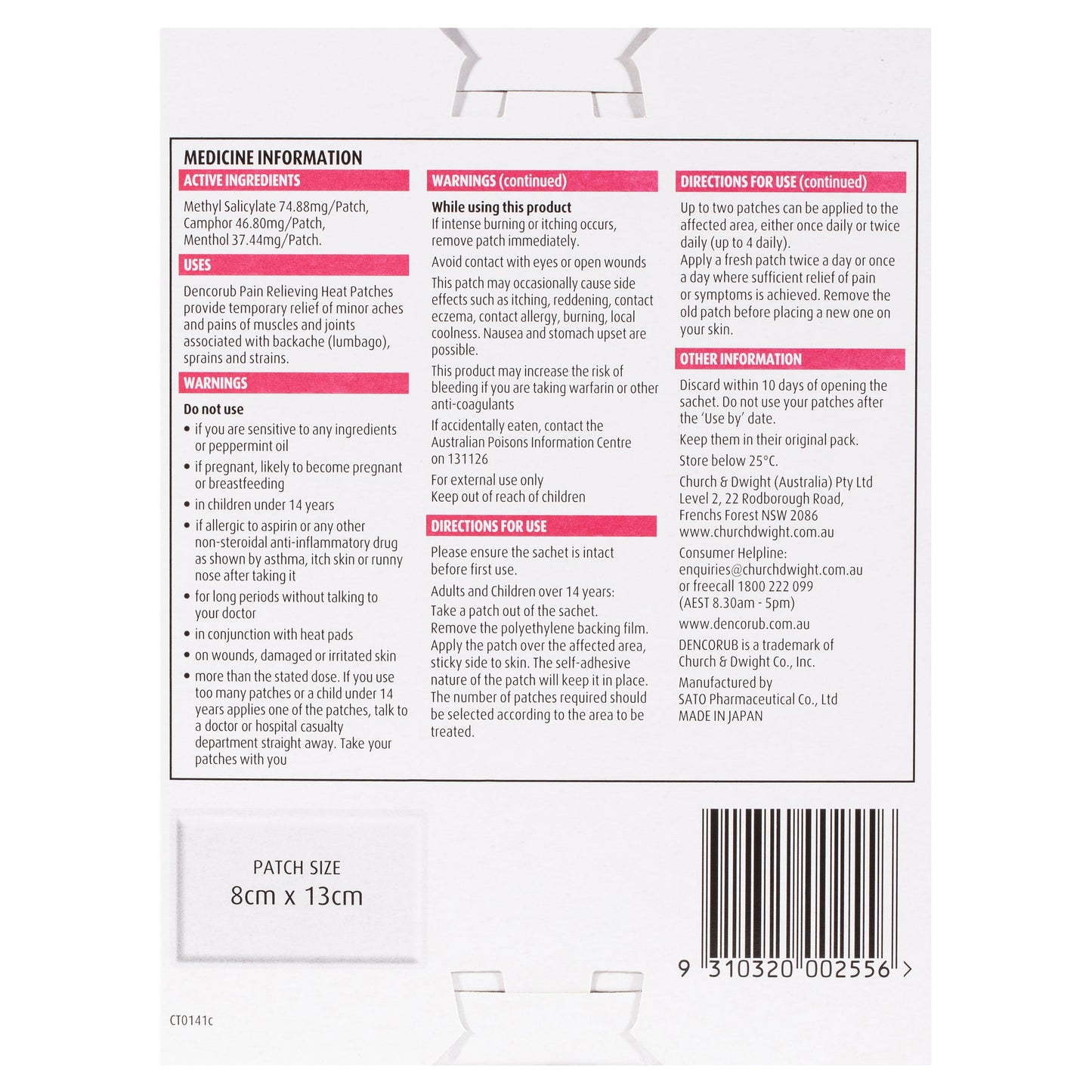 Dencorub Pain Relieving Heat Patch 3 Pack