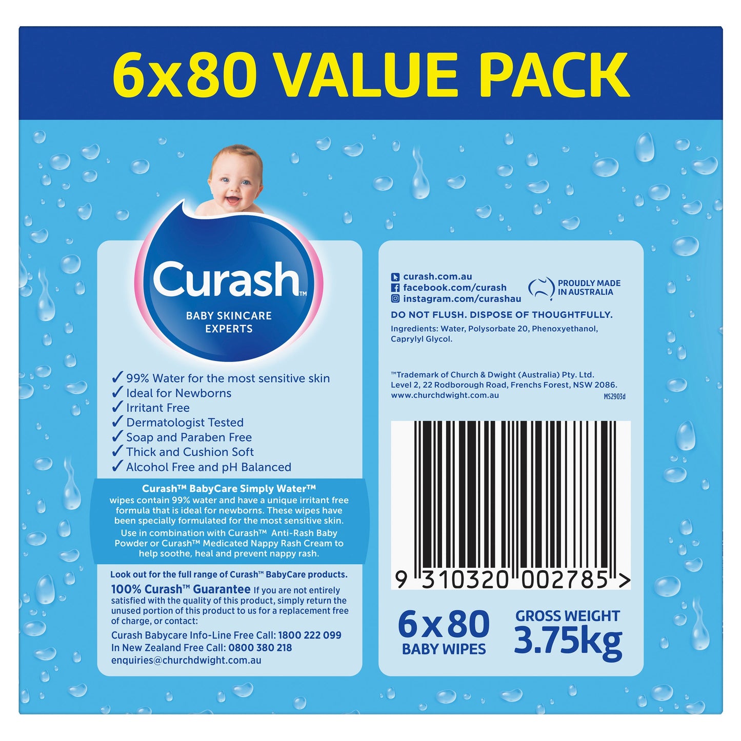 CURASH WATER WIPES 6X80PK