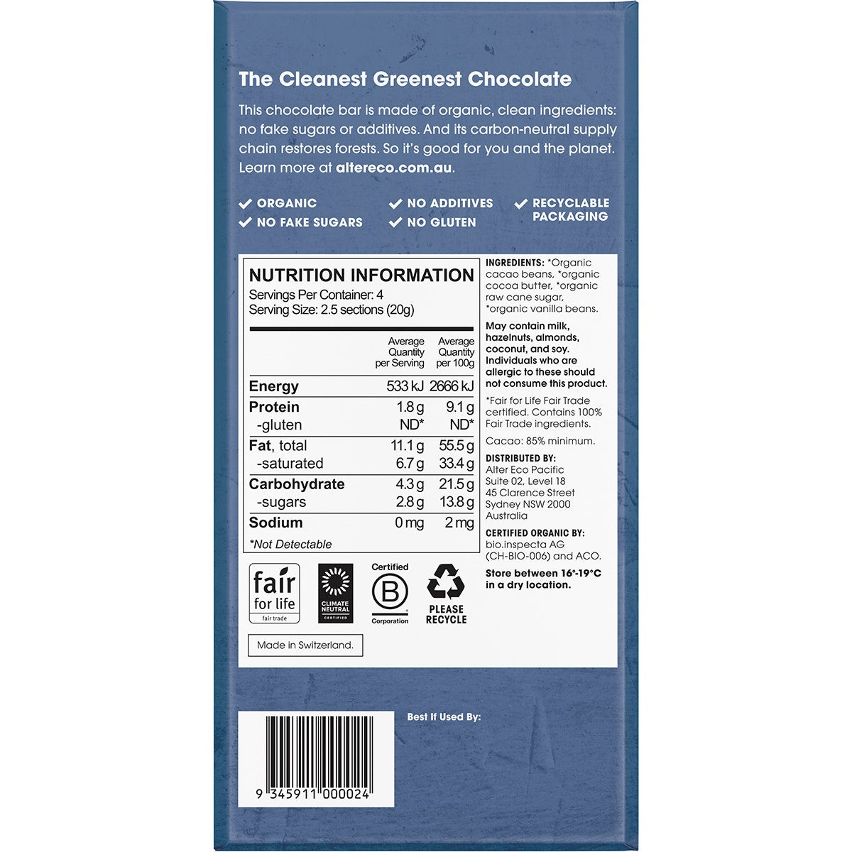 Alter Eco Chocolate (Organic) Dark Blackout 80g 12 Pack