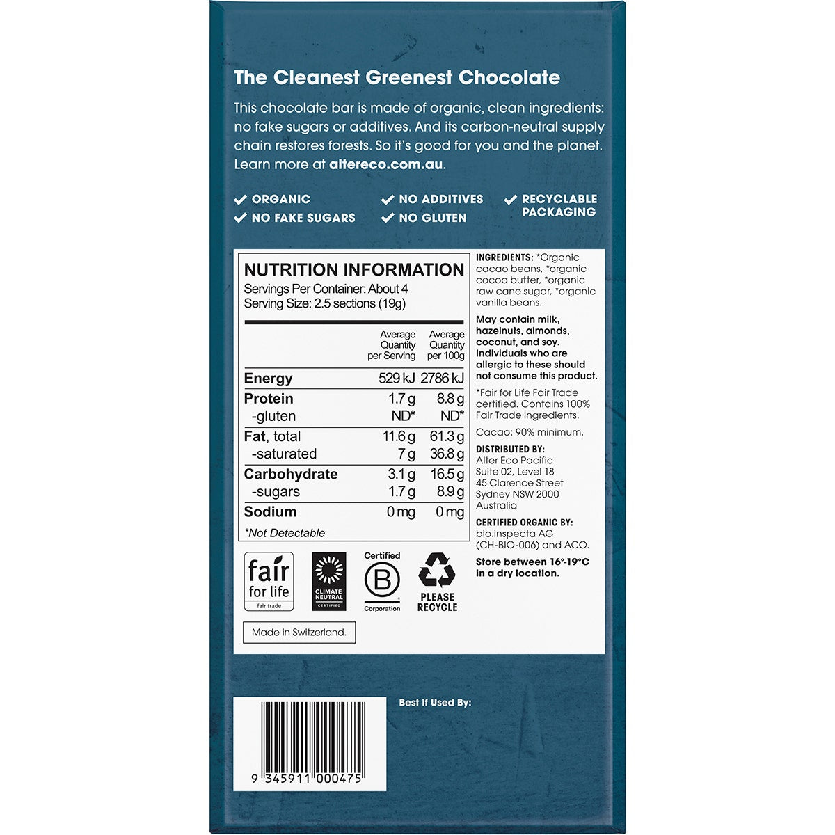 Alter Eco Chocolate Organic 90% Cacao Dark Super Blackout 12x75g