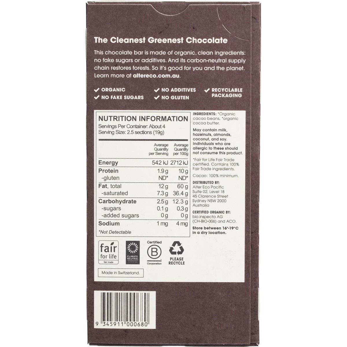 Alter Eco Chocolate (Organic) Dark Total Blackout 75g 12 Pack