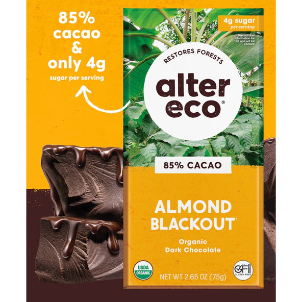 Alter Eco Chocolate Organic Dark Almonds Blackout 75g (Pack of 12)