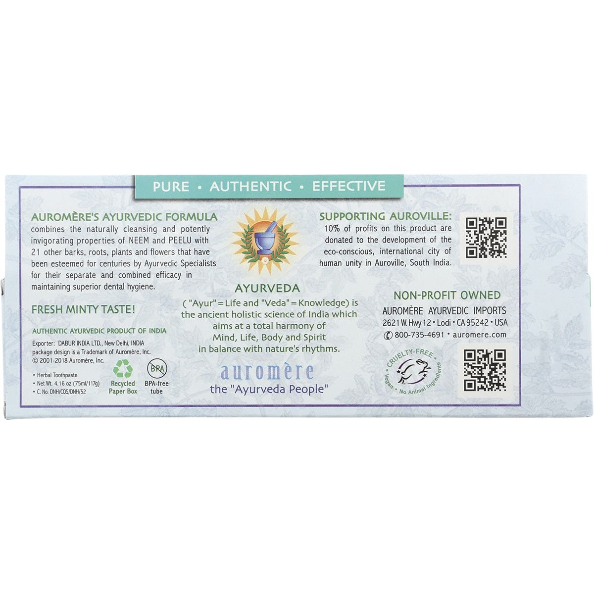 Auromere Toothpaste Ayurvedic Fresh Mint Fluoride Free 117g
