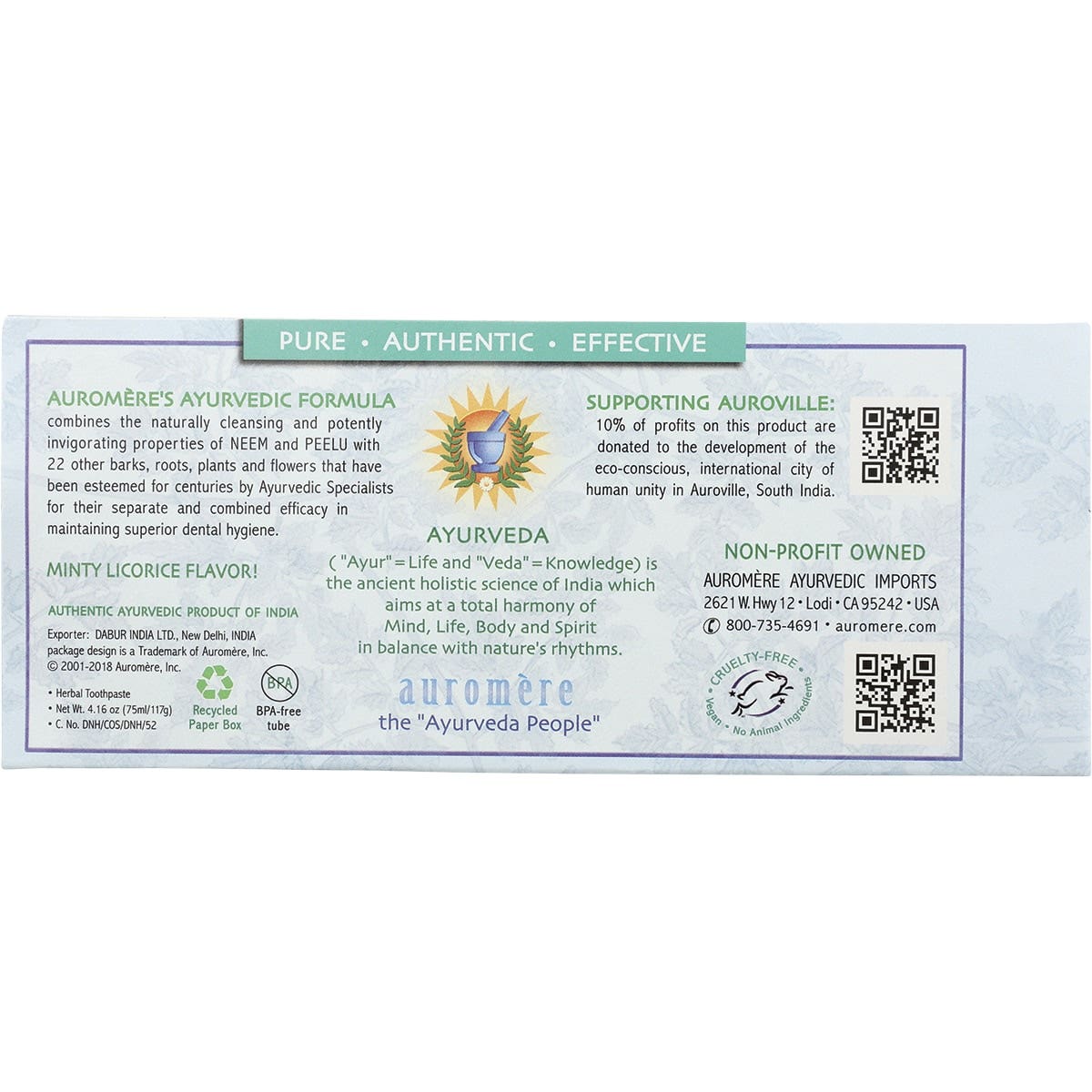 Auromere Toothpaste Ayurvedic Classic (Licorice) Fluoride Free 117g