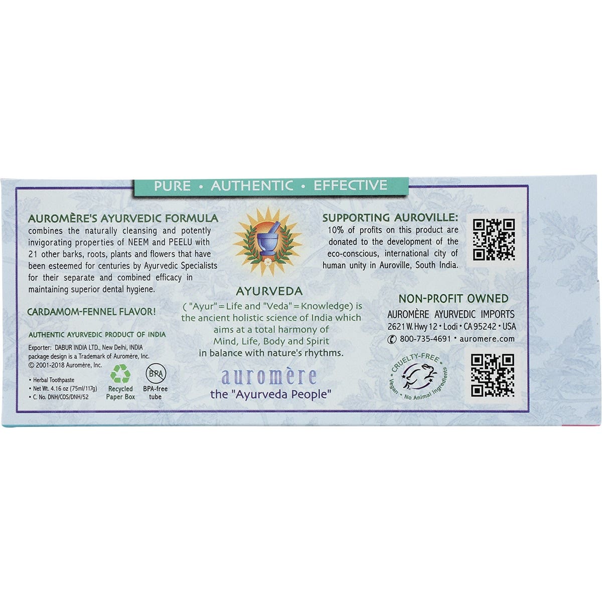 Auromere Toothpaste Ayurvedic Cardamom Fennel Fluoride Free 117g