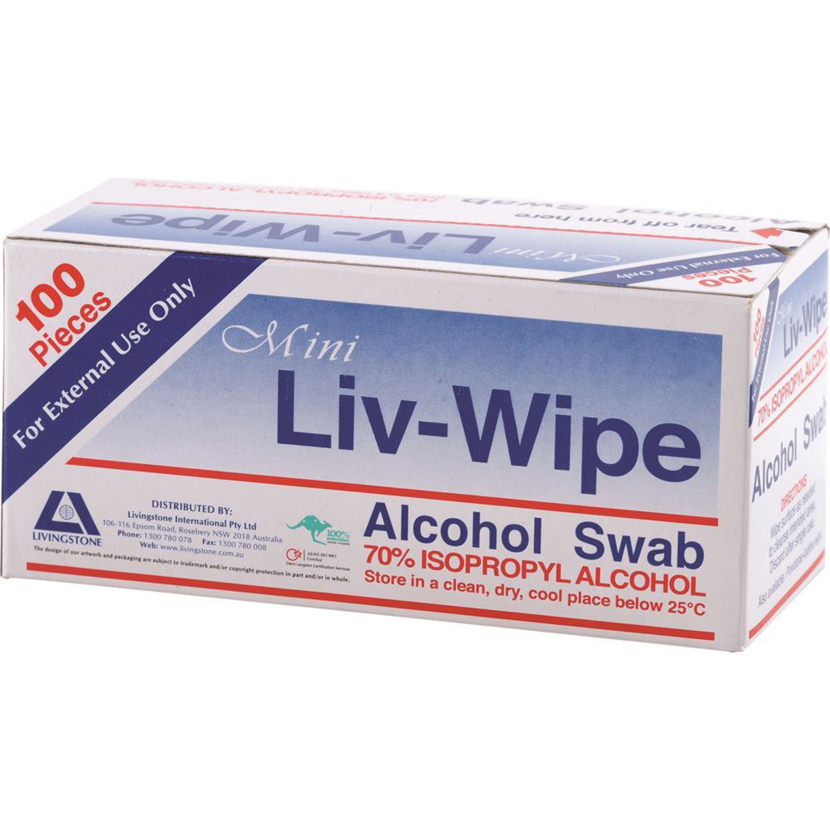 Liv-Wipe Alcohol Wipes Mini Alcohol Swabs (65 x 30mm) x 100 Sheets Box