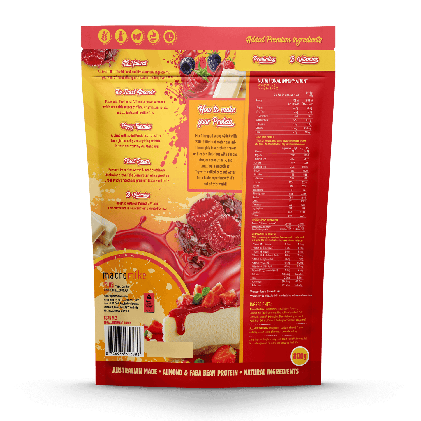 MACRO MIKE Premium Almond Protein Mixed Berry White Choc Cheezecake 800g