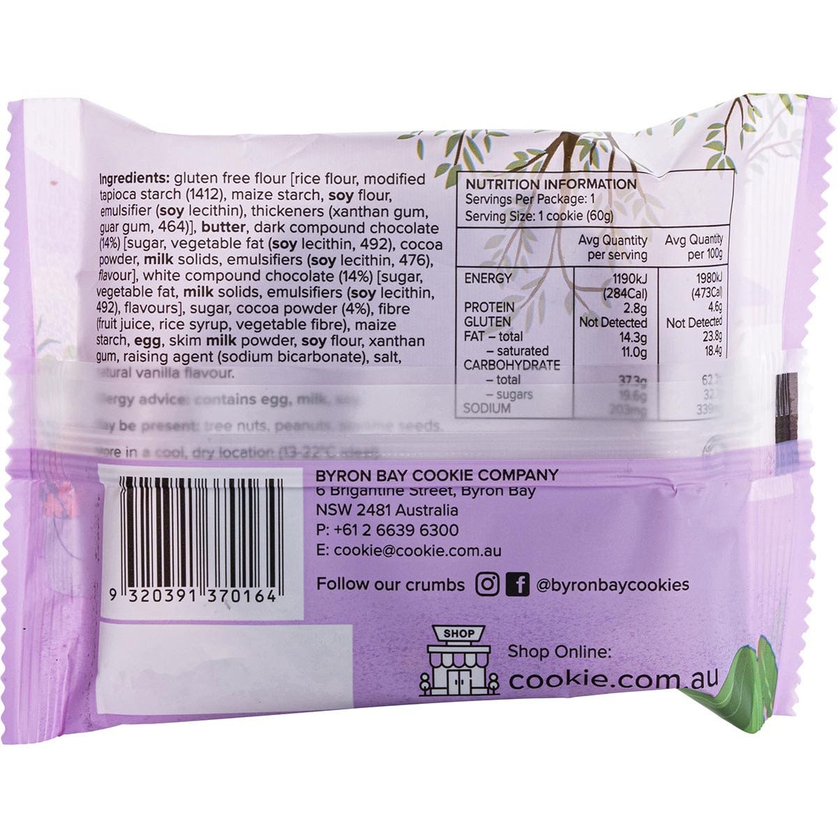 Byron Bay Cookies Gluten Free Cookies Triple Choc Fudge 60g 12 Pack
