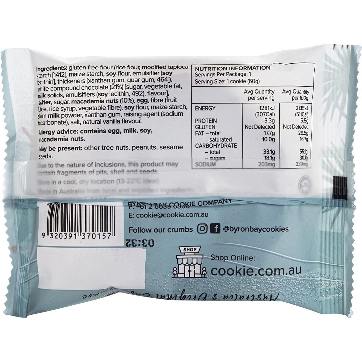 Byron Bay Cookies Gluten Free Cookies White Choc Macadamia 60g 12 Pack