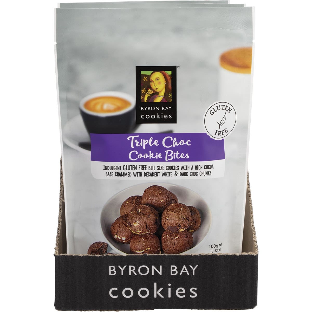 Byron Bay Cookies Gluten Free Cookie Bites Triple Choc Fudge 100g 6 Pack