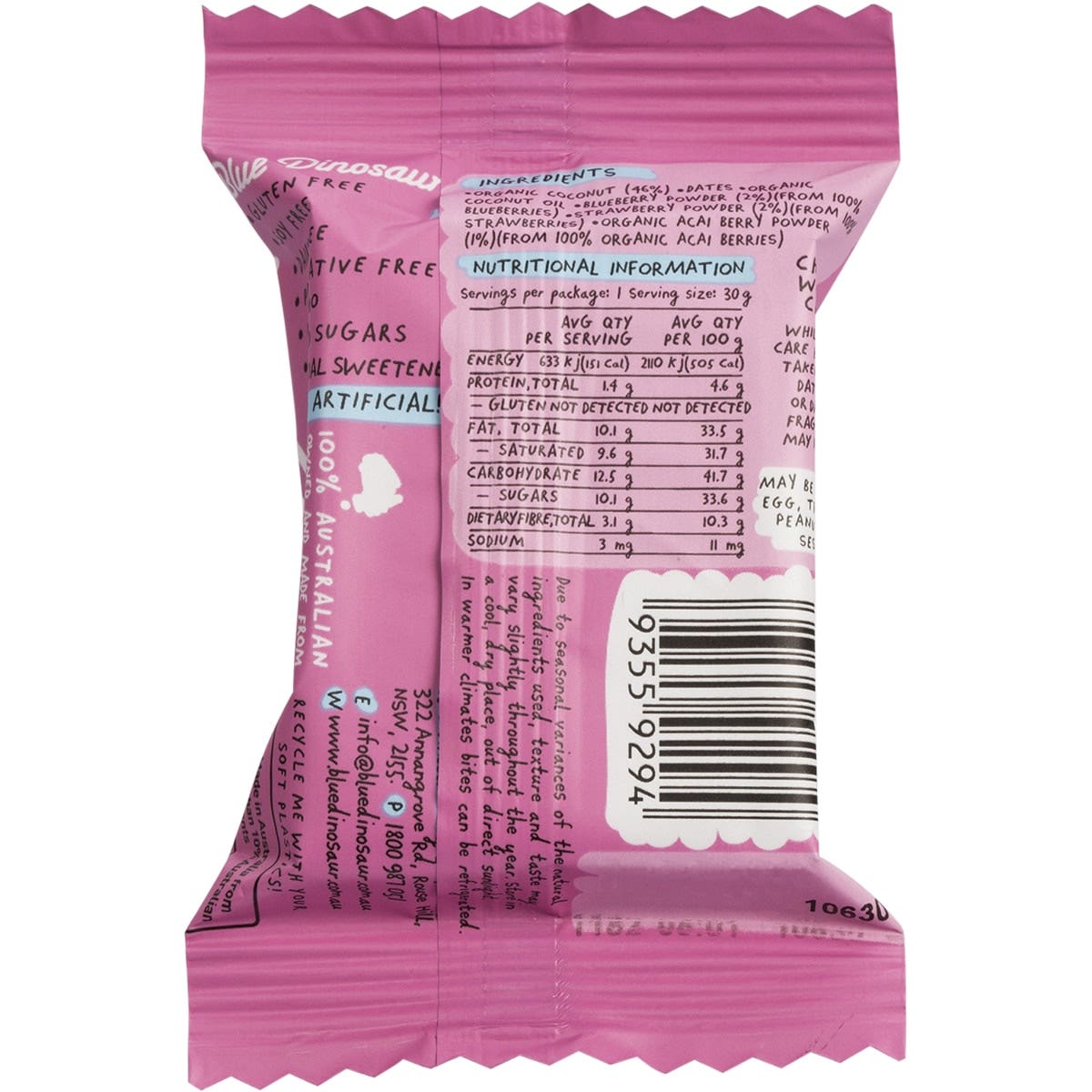 Blue Dinosaur Hand-baked Bite Berry & Coconut 30g 18 Pack
