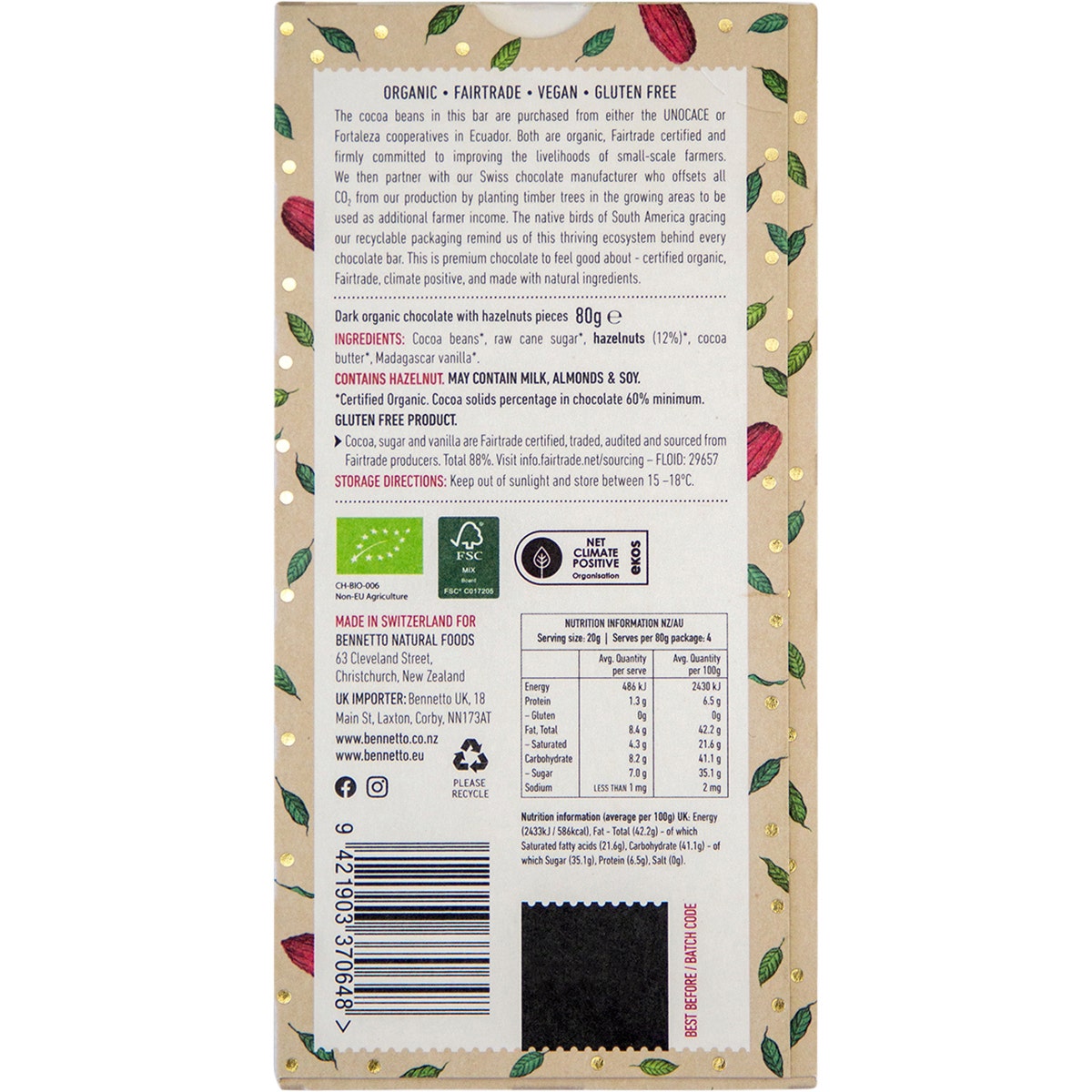 Bennetto Organic Dark Chocolate Toasted Hazelnut 12x80g