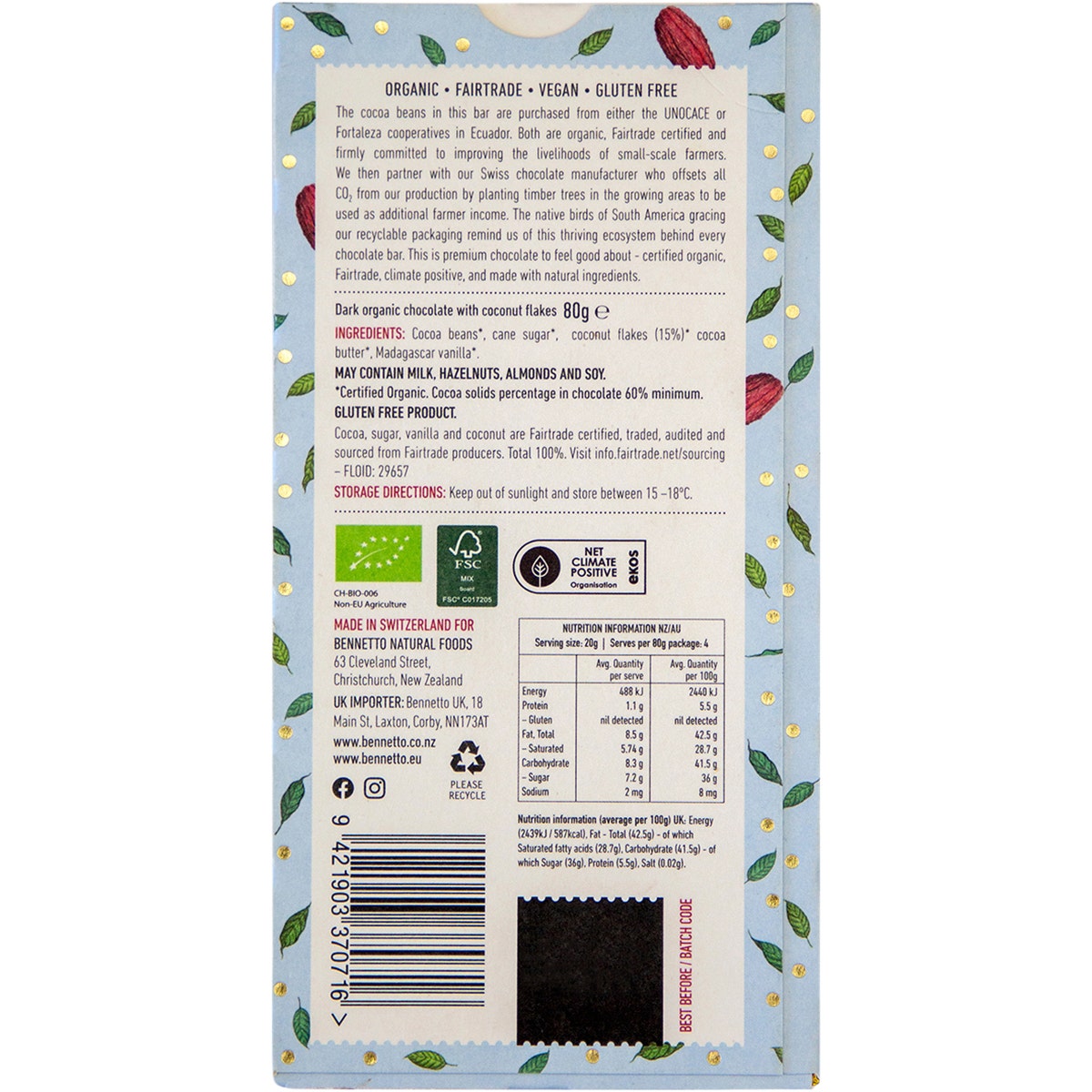 Bennetto Organic Dark Chocolate Coconut Flakes 12x80g