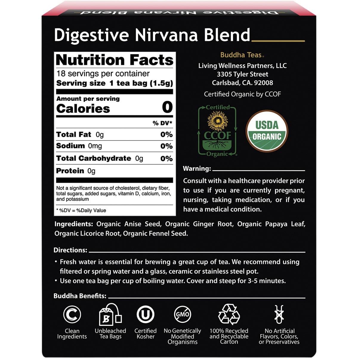 BUDDHA TEAS Organic Herbal Tea Bags Digestive Nirvana Blend 18