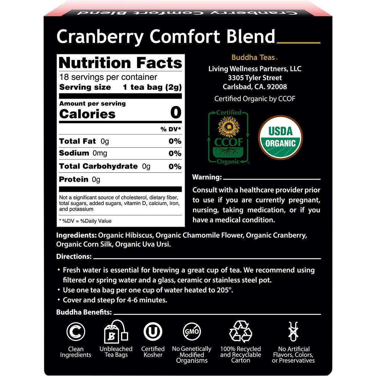 BUDDHA TEAS Organic Herbal Tea Bags Cranberry Comfort Blend 18pk