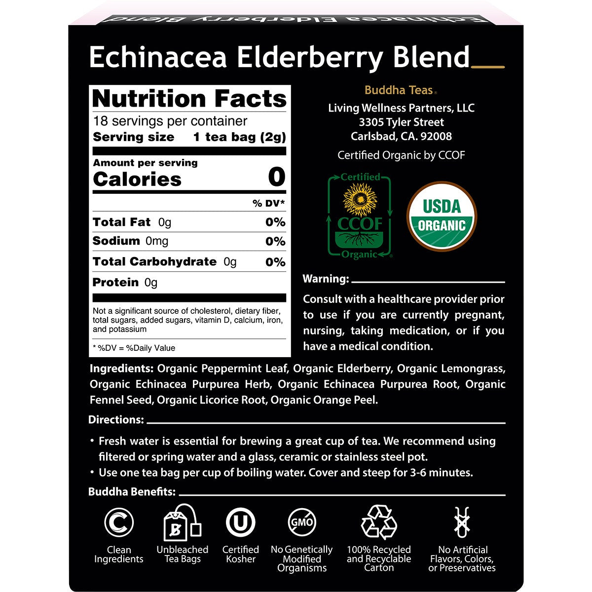 BUDDHA TEAS Organic Herbal Tea Bags Echinacea Elderberry Blend 18pk