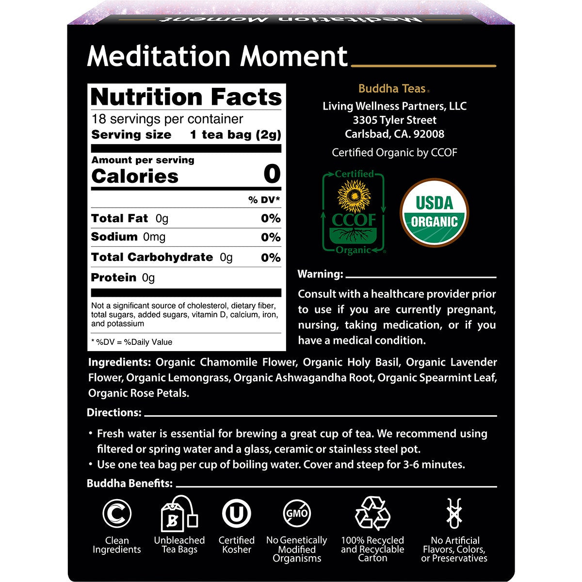 BUDDHA TEAS Organic Herbal Tea Bags Meditation Moment 18pk