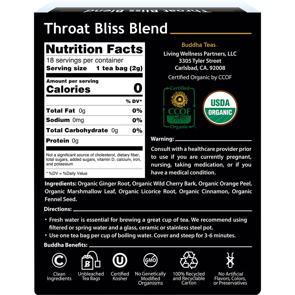 BUDDHA TEAS Organic Herbal Tea Bags Throat Bliss Blend 18pk