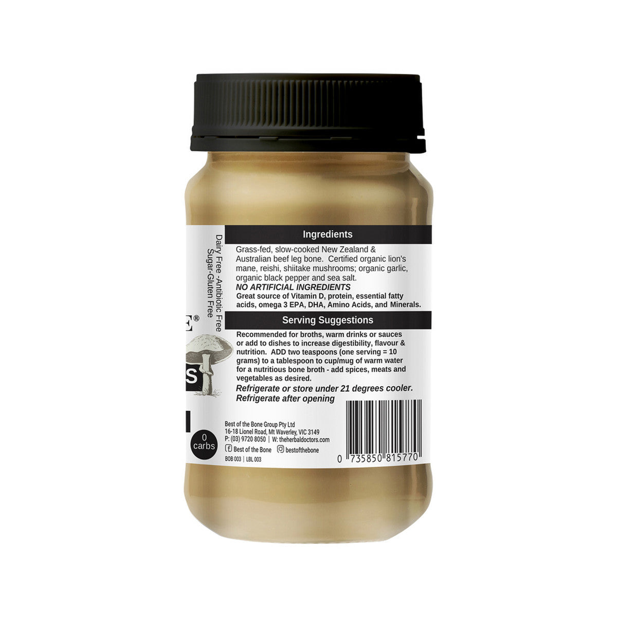 Best of the Bone Bone Broth Beef Concentrate Healing Mushrooms Organic Lion's Mane Reishi Shiitake 390g