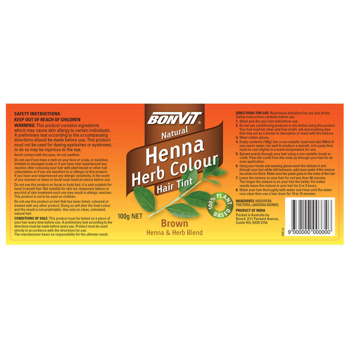 Bonvit Natural Hair Tint Henna Herb Colour (Henna & Herb Blend) Brown 100g