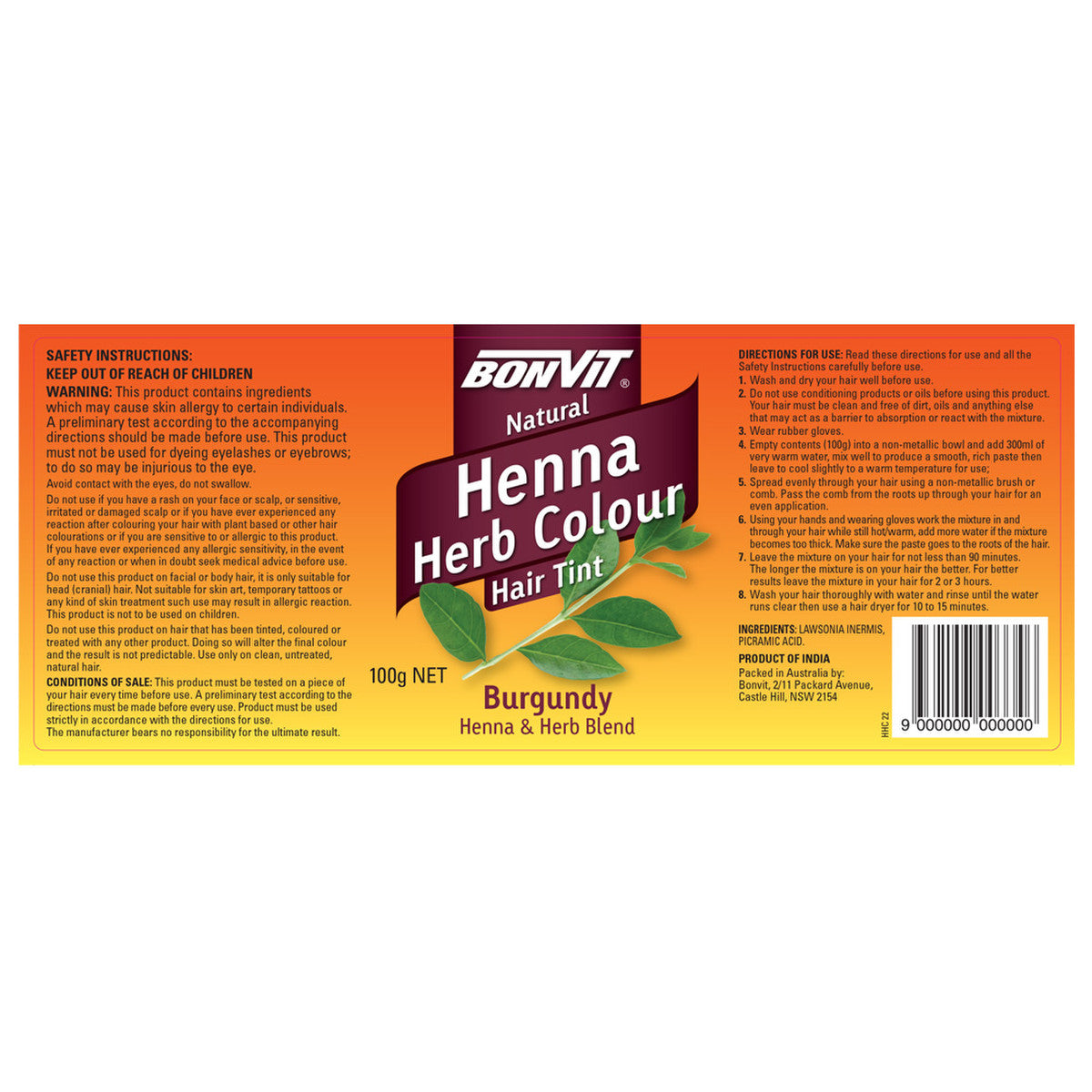 Bonvit Natural Hair Tint Henna Herb Colour (Henna & Herb Blend) Burgundy 100g