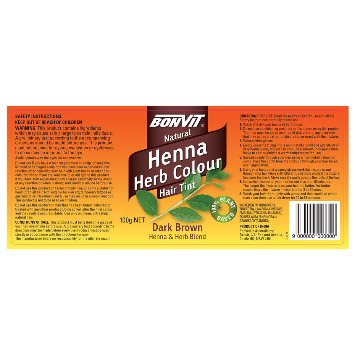 Bonvit Natural Hair Tint Henna Herb Colour (Henna & Herb Blend) Dark Brown 100g