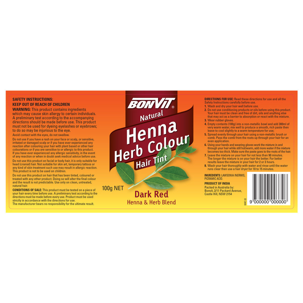 Bonvit Natural Hair Tint Henna Herb Colour (Henna & Herb Blend) Dark Red 100g