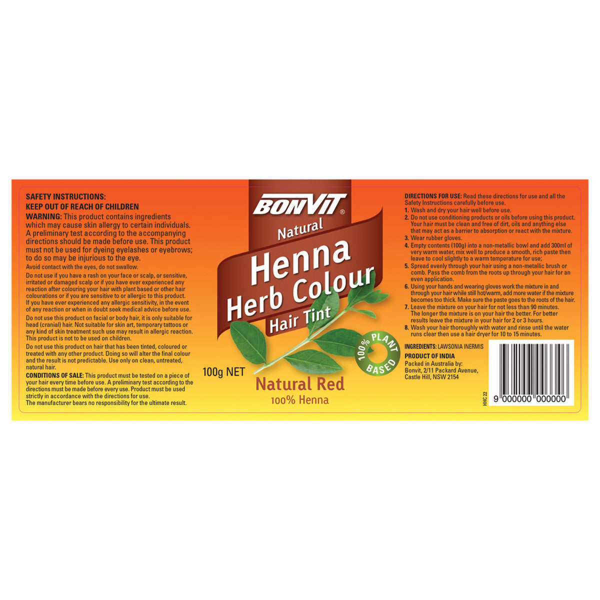 Bonvit Natural Hair Tint Henna Herb Colour (100% Henna) Natural Red 100g