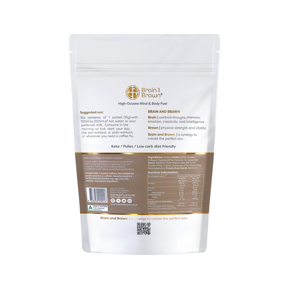 Brain and Brawn Collagen Coffee Synergy (Organic Cordyceps & MCT C8 & C10) Sachets 15g x 7 Pack