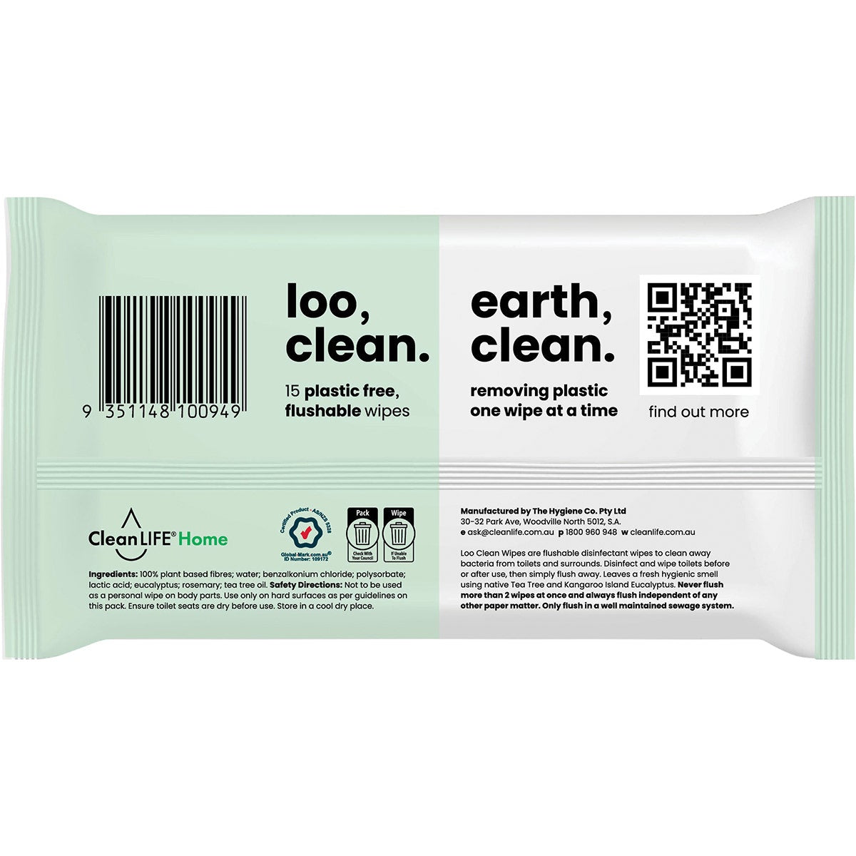 CLEANLIFE Flushable Plastic Free Wipes Loo Clean 15pk