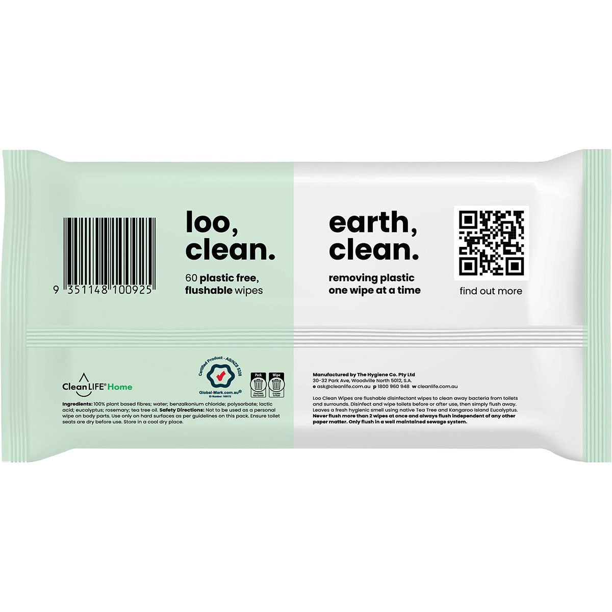 CLEANLIFE Flushable Plastic Free Wipes Loo Clean 60pk
