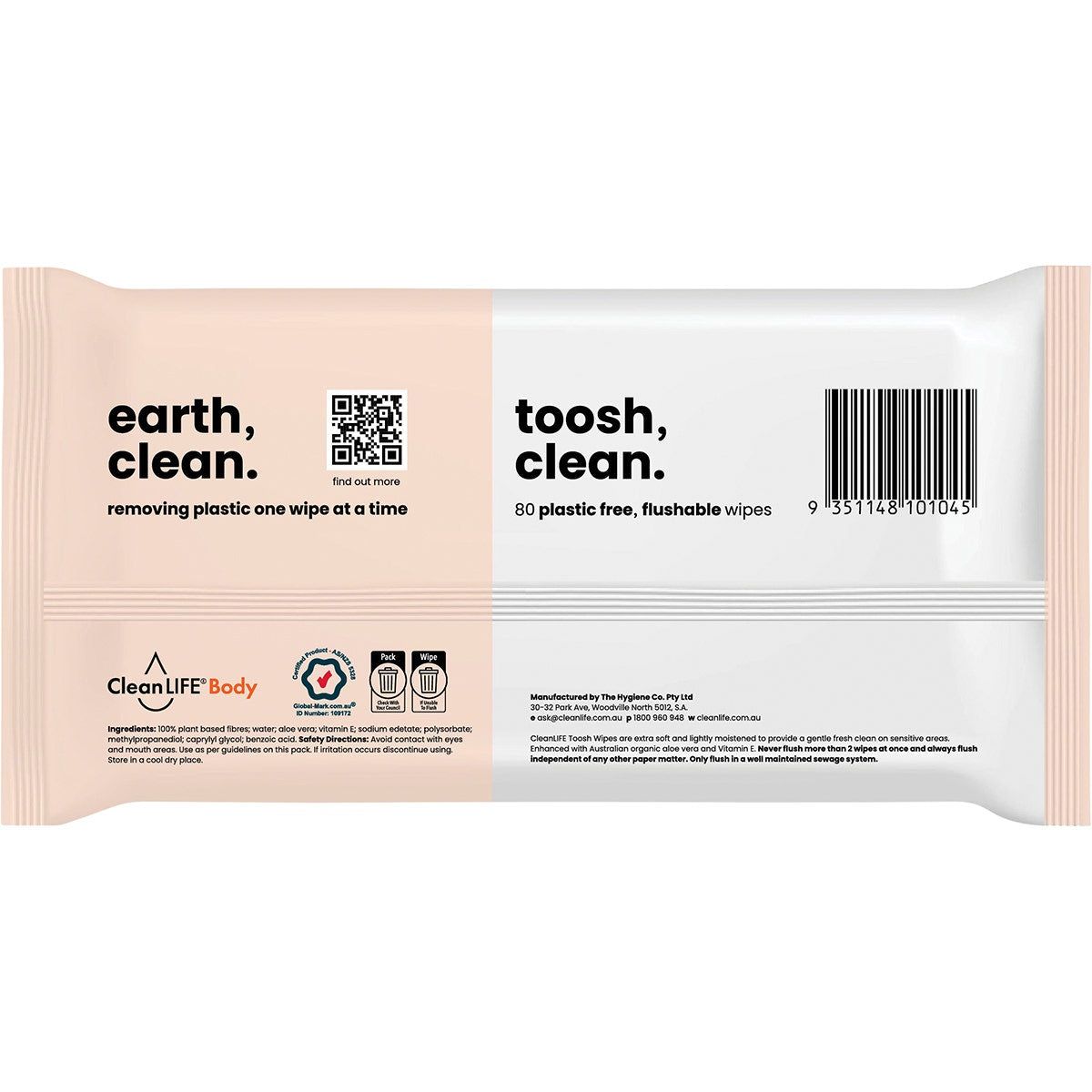 CLEANLIFE Flushable Plastic Free Wipes Toosh Clean 80pk