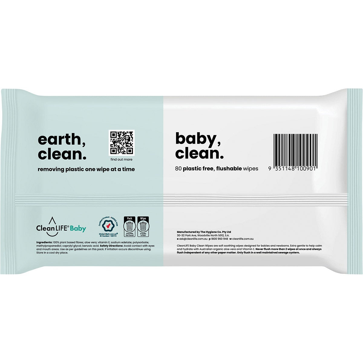 CLEANLIFE Flushable Plastic Free Wipes Baby Clean 80pk