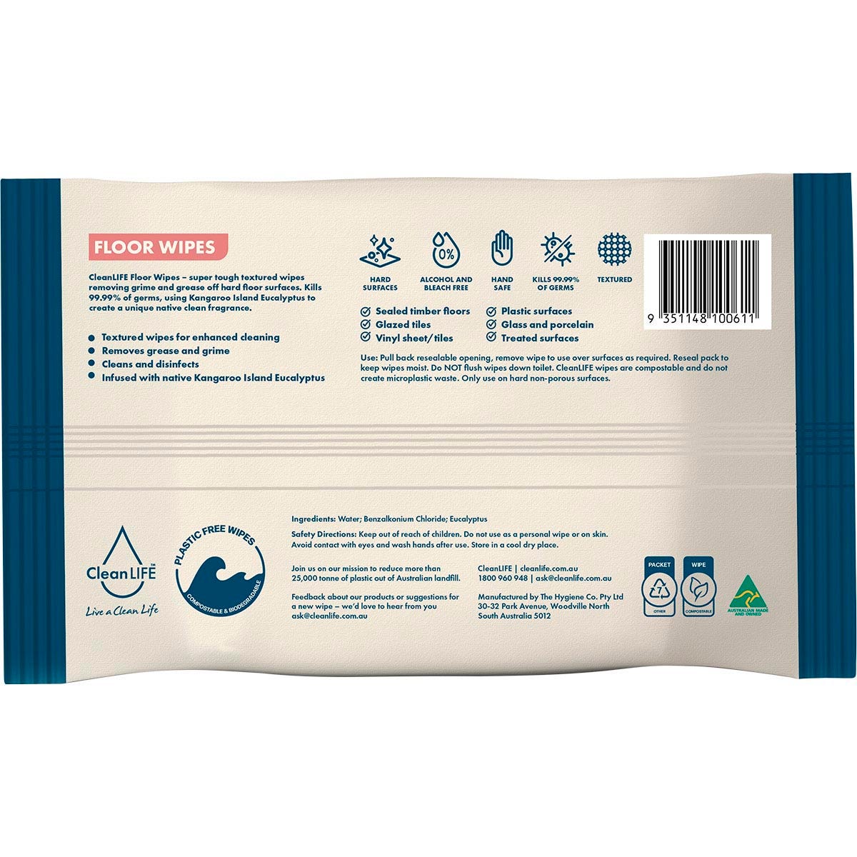 CLEANLIFE Floor Plastic Free Wipes Antibacterial Cleaning 25pk