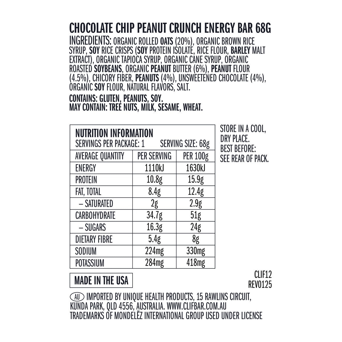 Clif Energy Bar Chocolate Chip Peanut Crunch 12x68g
