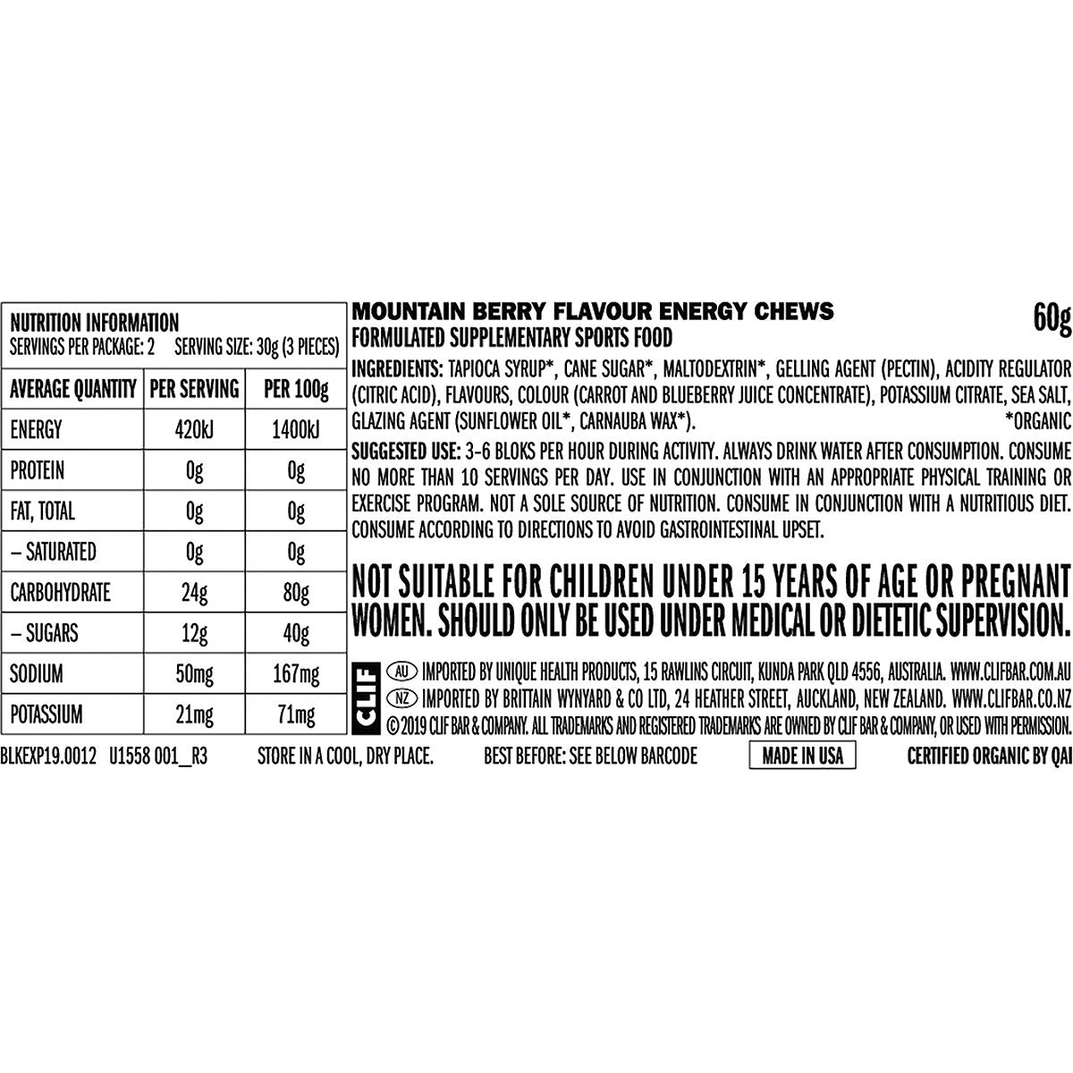 CLIF Bloks Energy Chews Mountain Berry 60g 18PK