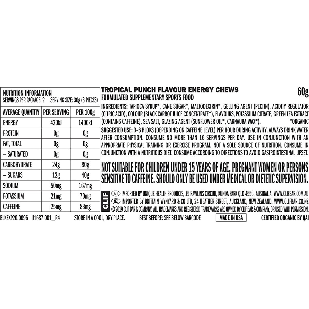 CLIF Bloks Energy Chews Tropical Punch (25mg Caffeine) 60g 18PK