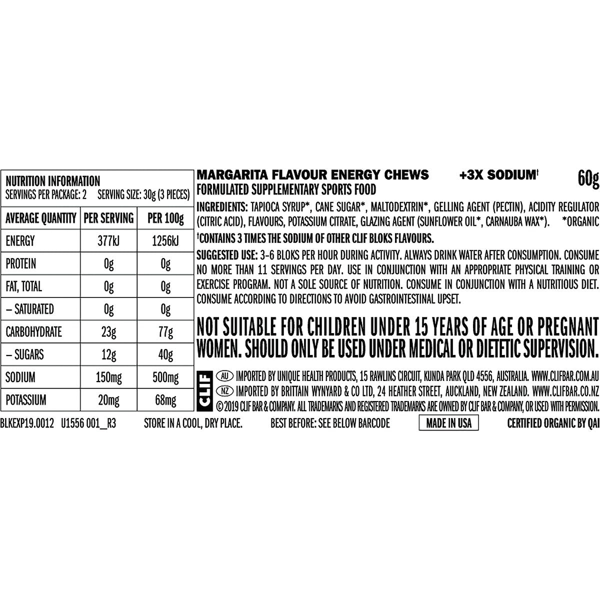 CLIF Bloks Energy Chews Margarita (150mg Sodium) 60g 18PK