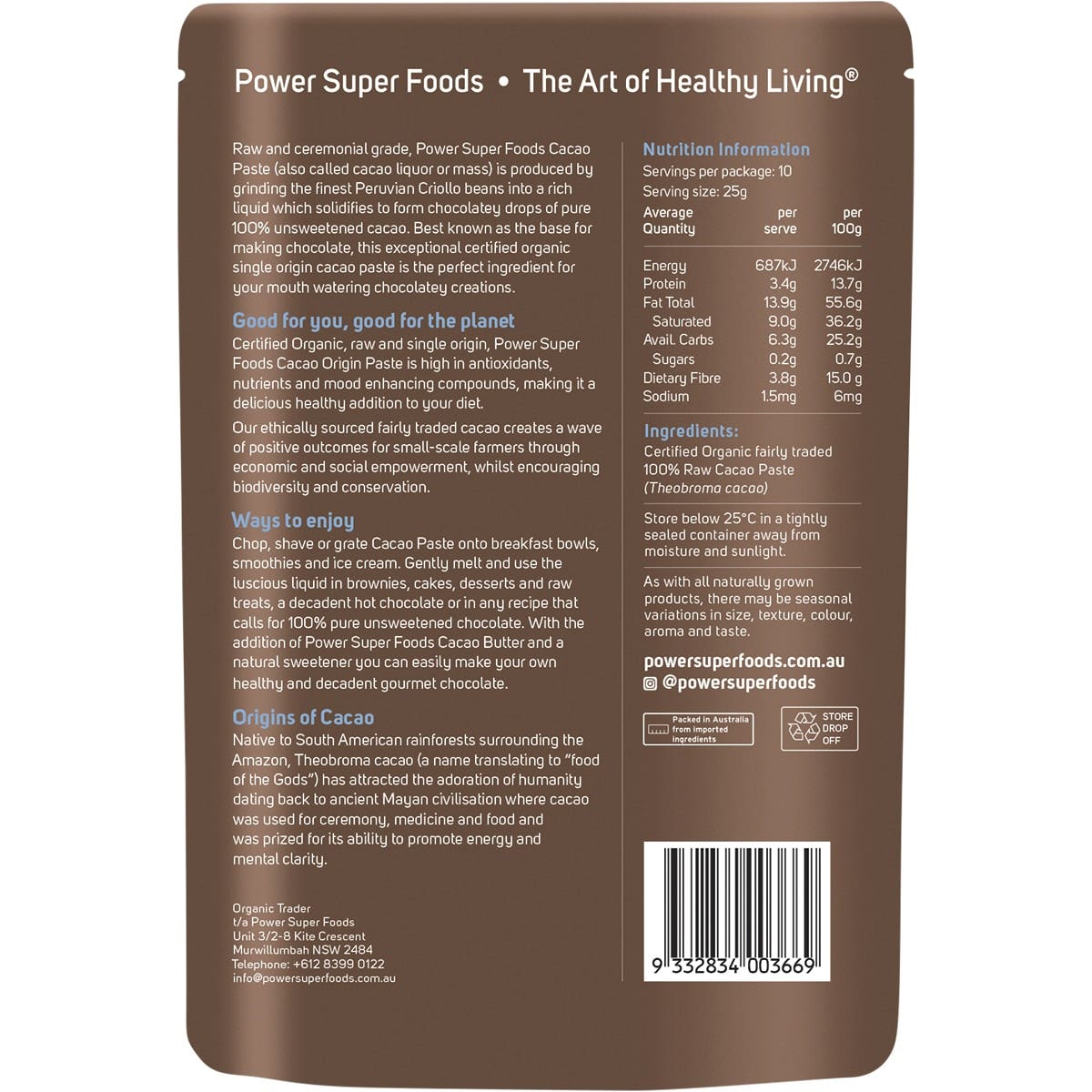 POWER SUPER FOODS Cacao Paste Buttons Ceremonial Grade Certified Organic 250g