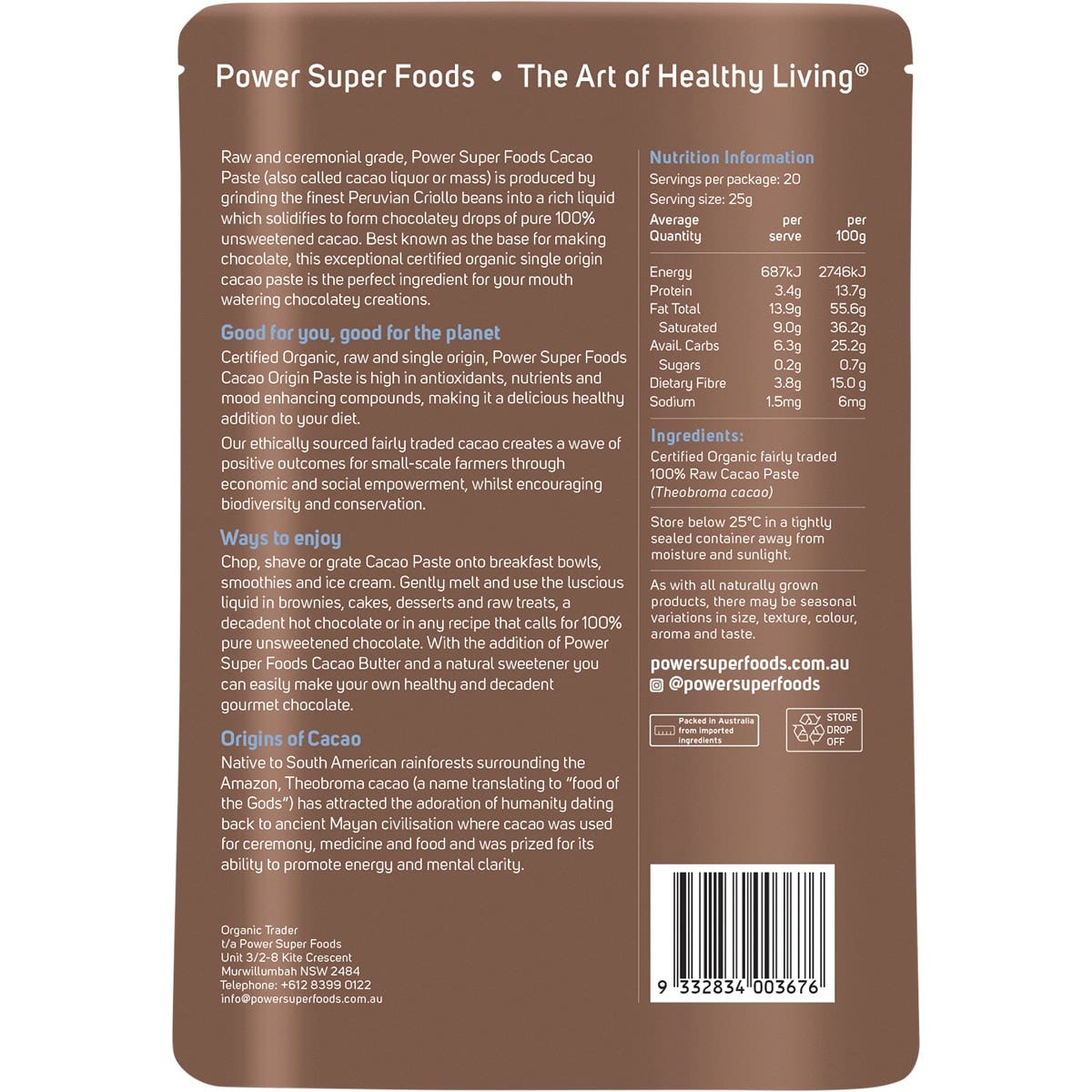 POWER SUPER FOODS Cacao Paste Buttons Ceremonial Grade Certified Organic 500g