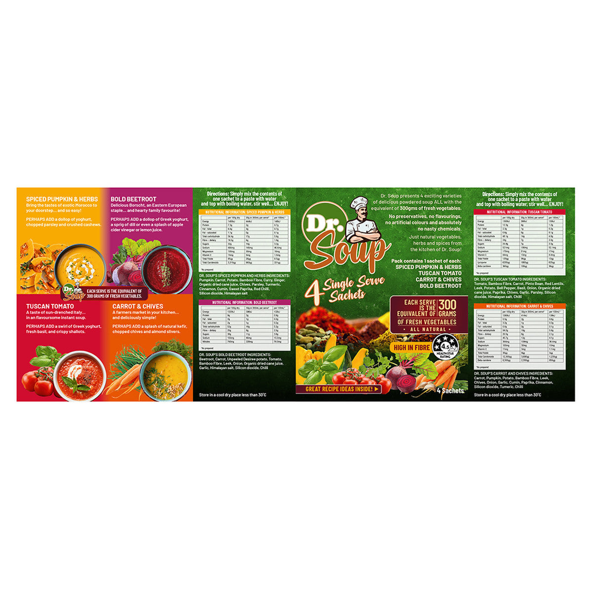 Cell-Logic Dr Soup Mixed Sachets (4 Flavours) 30g x 4 Pack (contains: 1 each of Spiced Pumpkin & Herbs, Tuscan Tomato, Carrot & Chives and Bold Beetroot)
