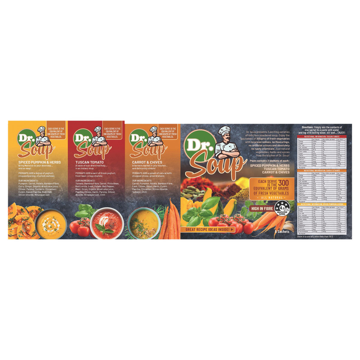 Cell-Logic Dr Soup Mixed Sachets (3 Flavours) 30g x 6 Pack (contains: 2 each of Spiced Pumpkin & Herbs, Tuscan Tomato and Carrot & Chives)