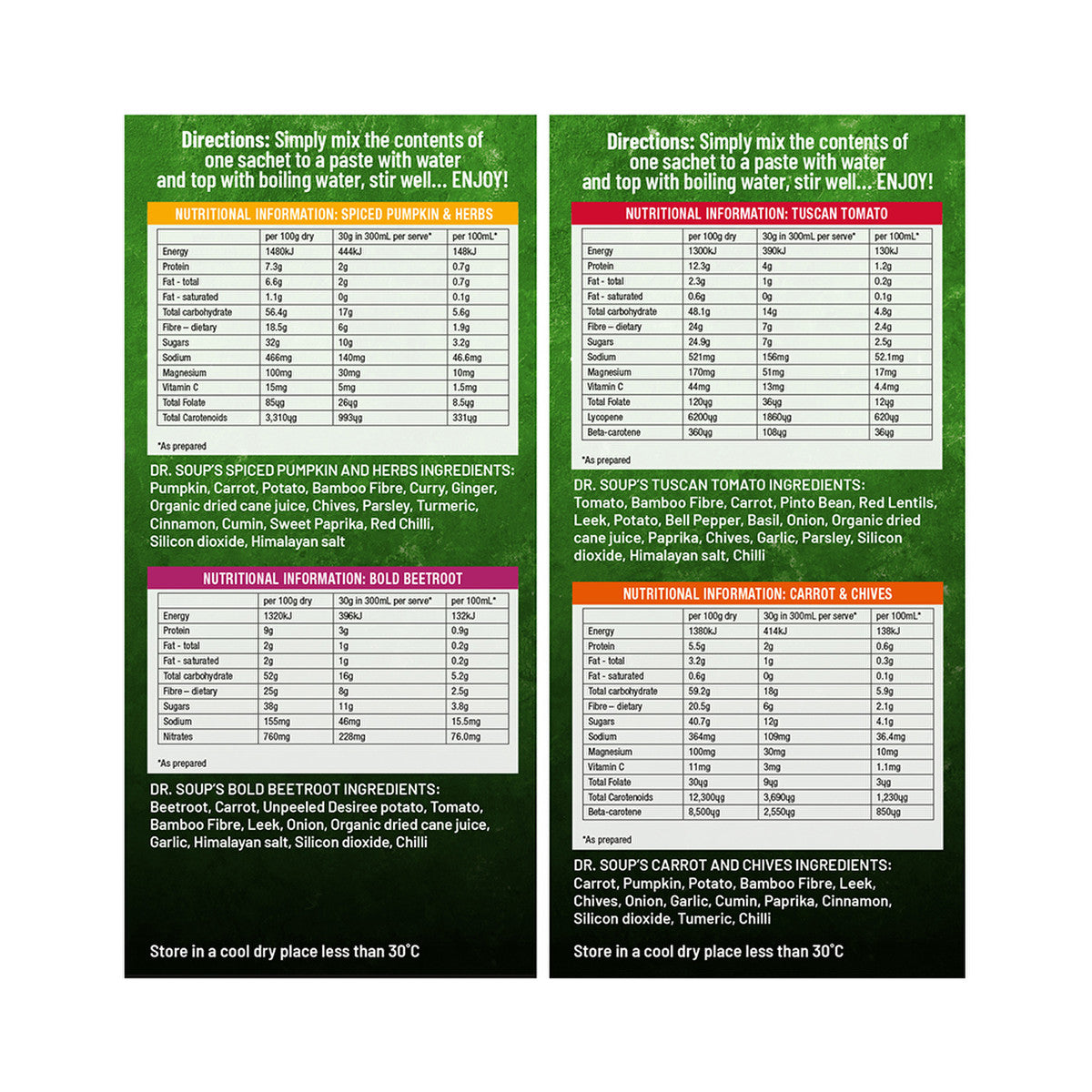 Cell-Logic Dr Soup Mixed Sachets (4 Flavours) 30g x 4 Pack (contains: 1 each of Spiced Pumpkin & Herbs, Tuscan Tomato, Carrot & Chives and Bold Beetroot)
