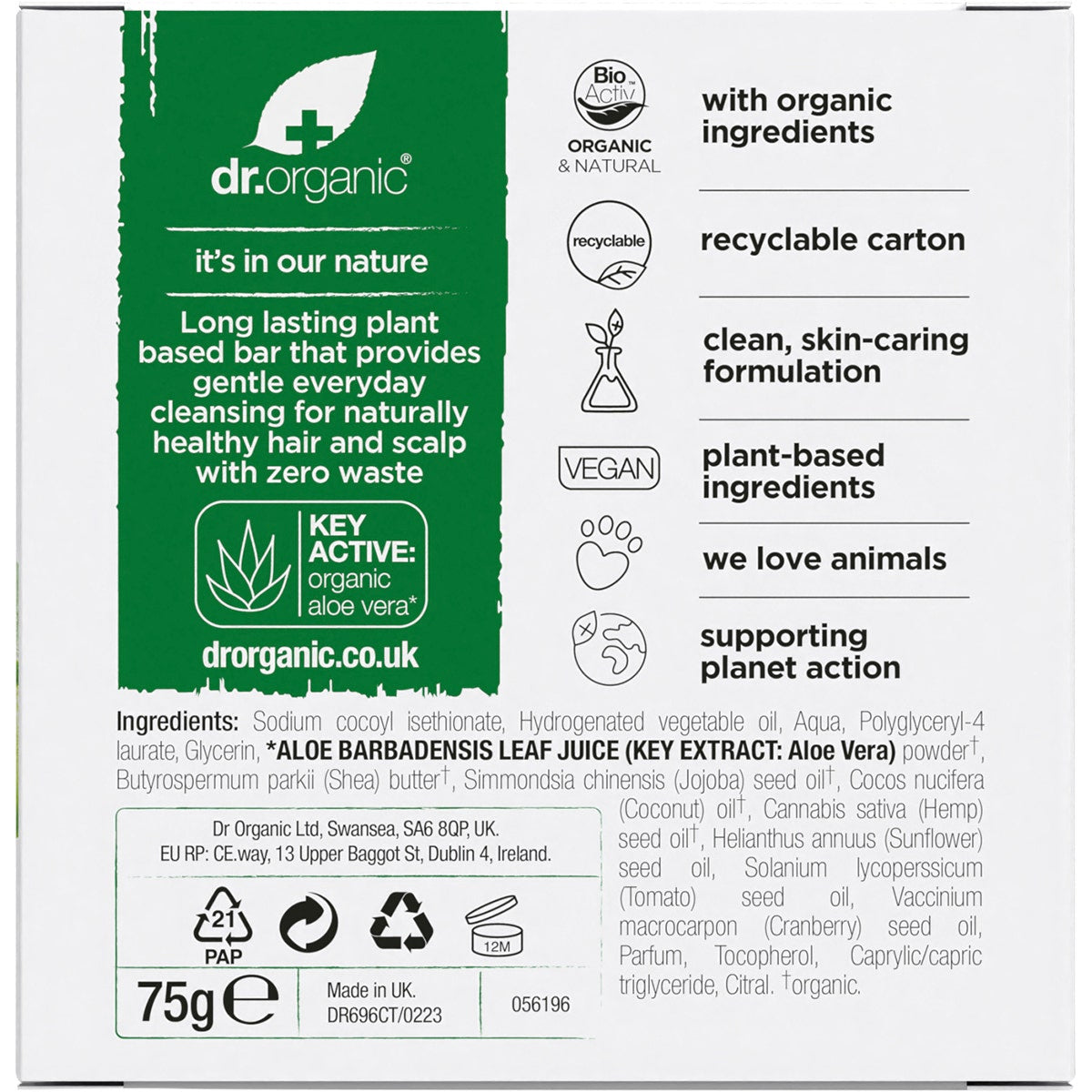 DR ORGANIC Shampoo & Conditioner Bar Aloe Vera & Shea All Hair Types 75g